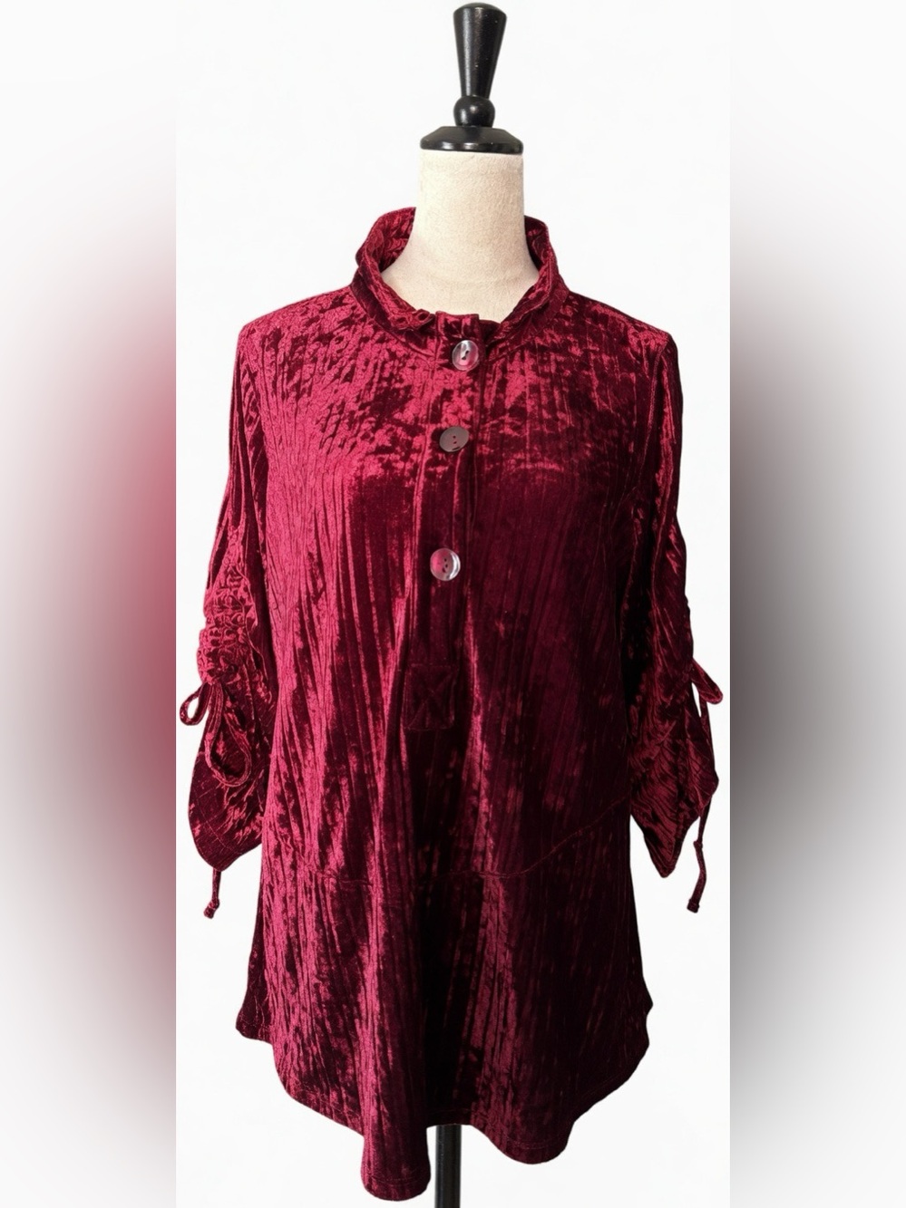 Soft Surroundings Burgundy Velvet Ribbed Tunic Shirt Boho Drawstring Cuffs Small